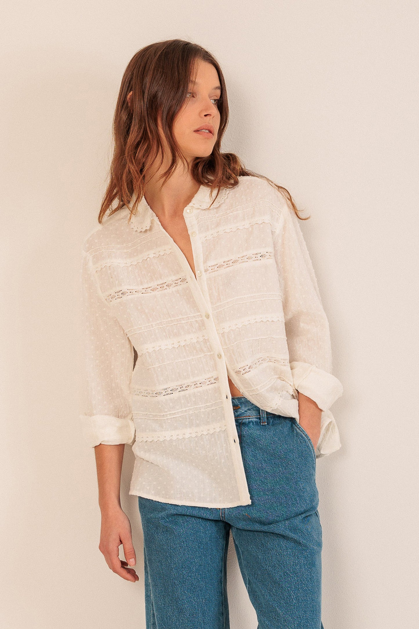 SWISS DOT AND LACE SHIRT