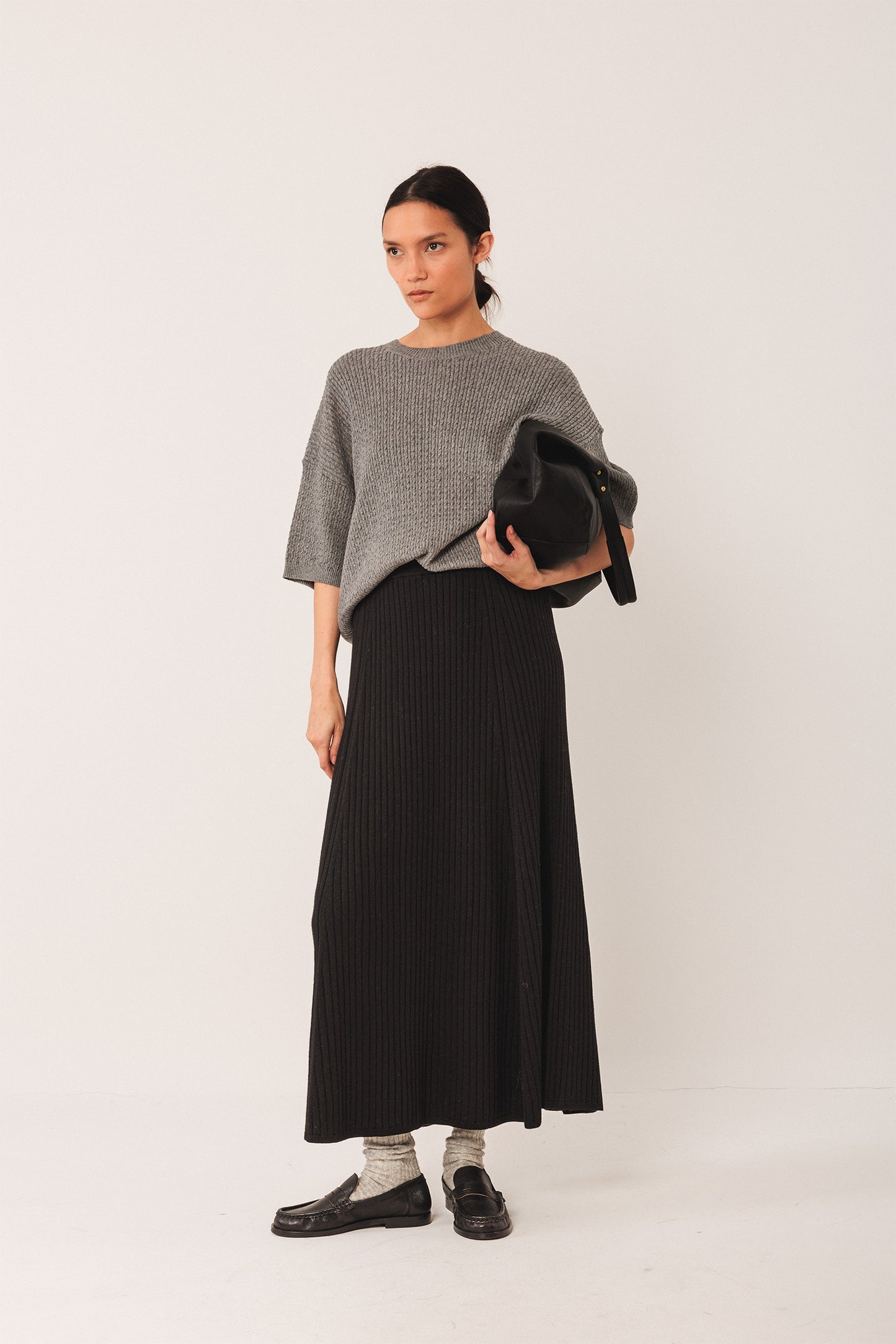 SHORT-SLEEVE CABLE-KNIT SWEATER