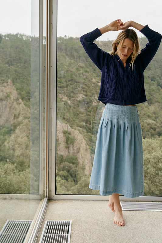 PLEATED DENIM SKIRT