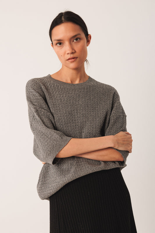 SHORT-SLEEVE CABLE-KNIT SWEATER