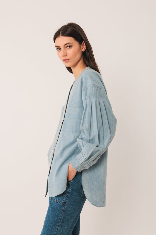 COLLARLESS DENIM SHIRT