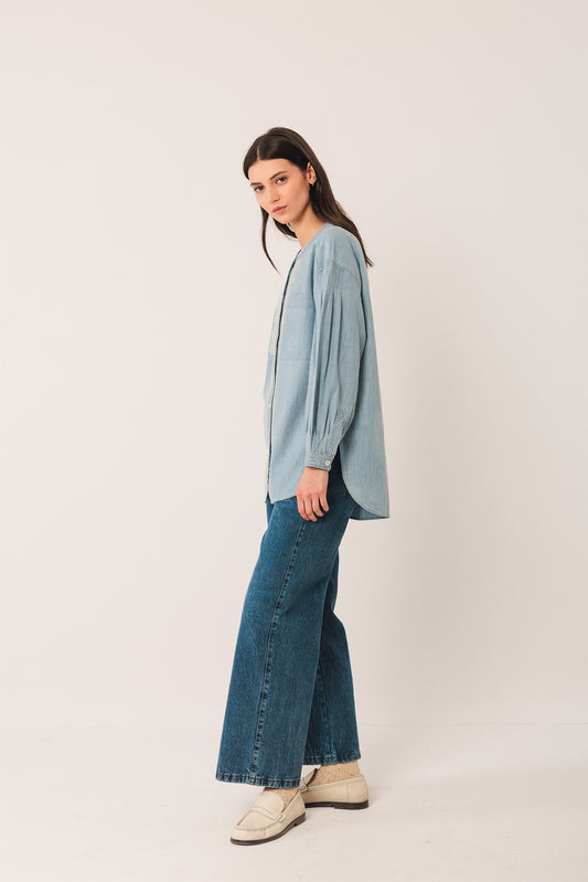 COLLARLESS DENIM SHIRT 5