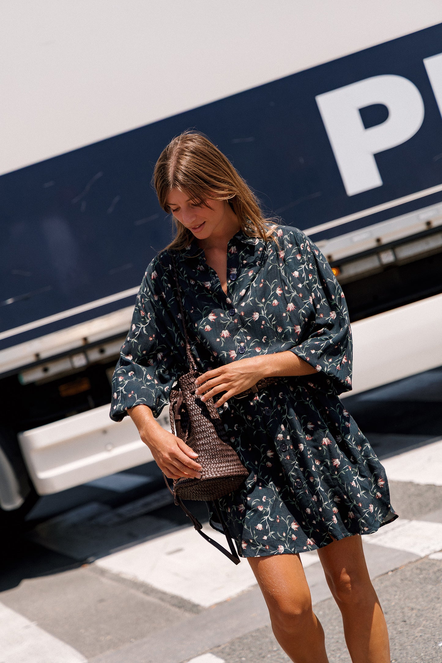 LONG FLORAL-PRINT SHIRT COLLAR DRESS