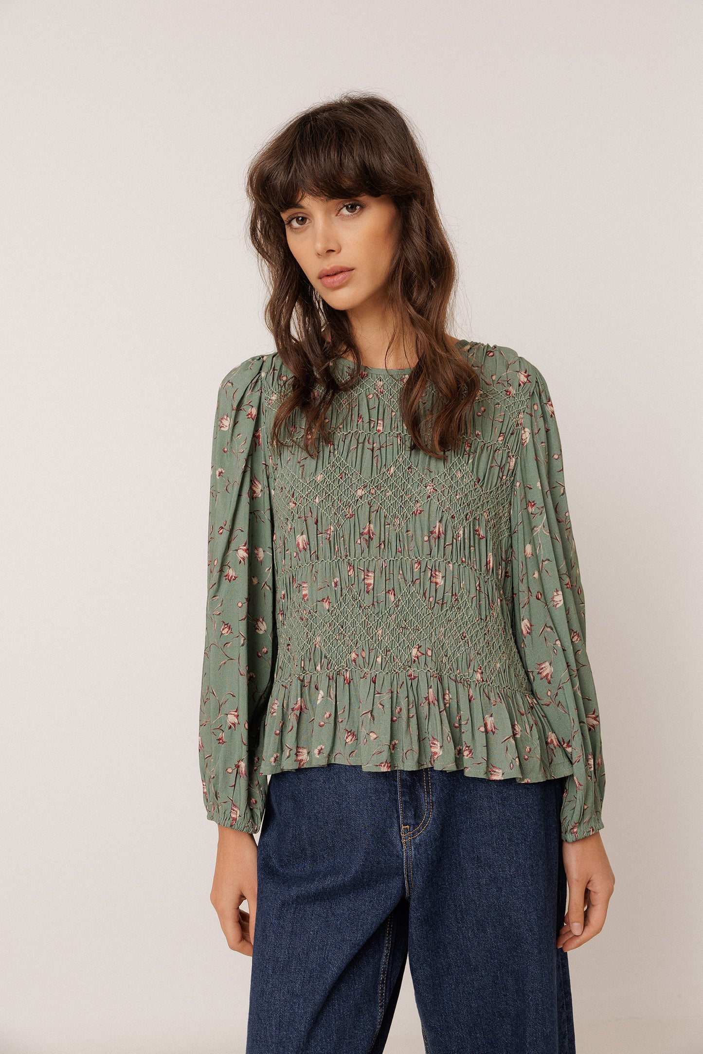 FLORAL PRINT SMOCK BLOUSE