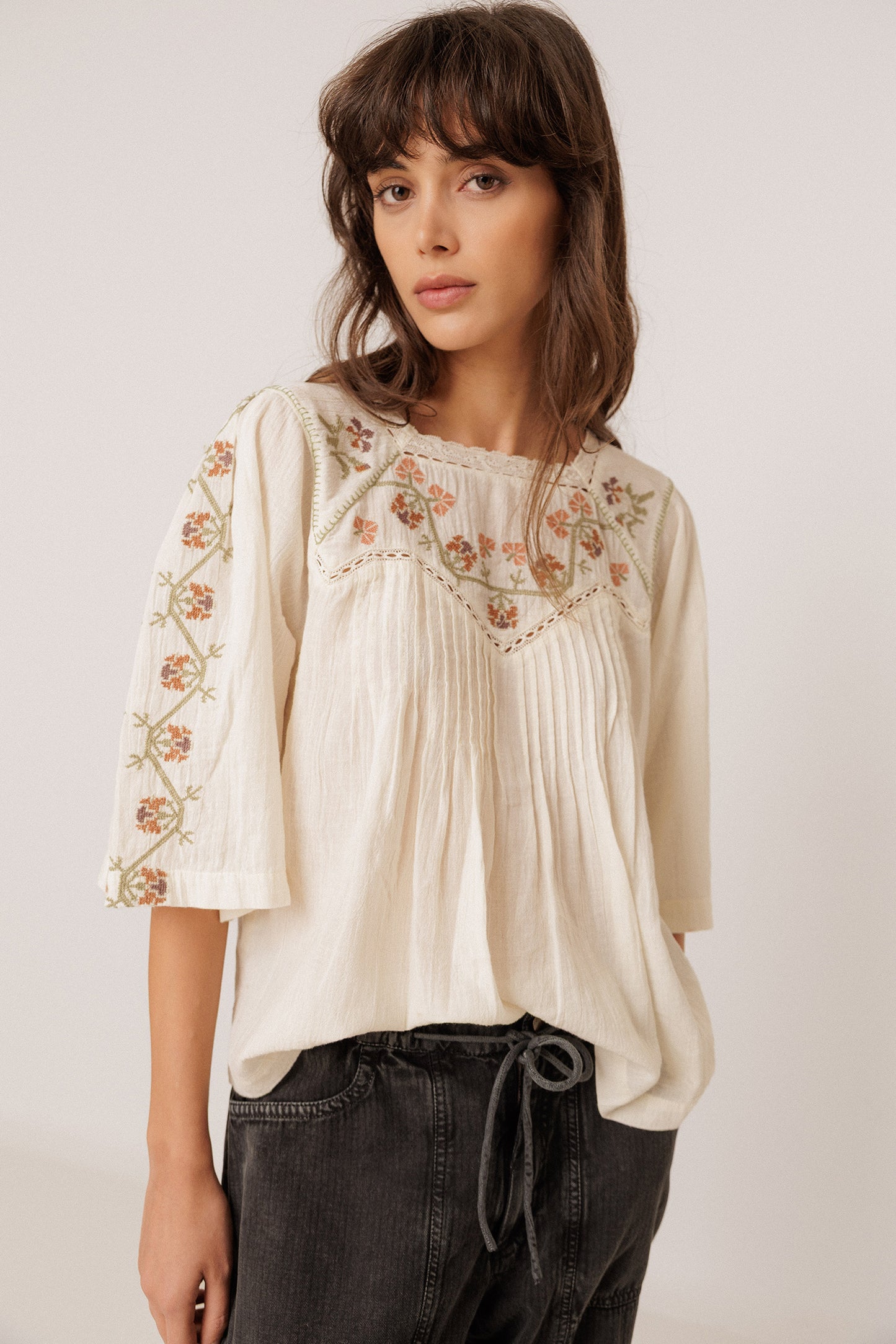 EMBROIDERED-YOKE BLOUSE
