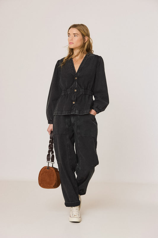 BALLOON-SLEEVE HERRINGBONE SHIRT 1