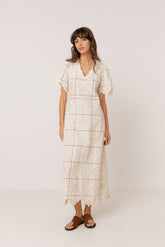 PERFORATED-EMBROIDERY MIDI DRESS