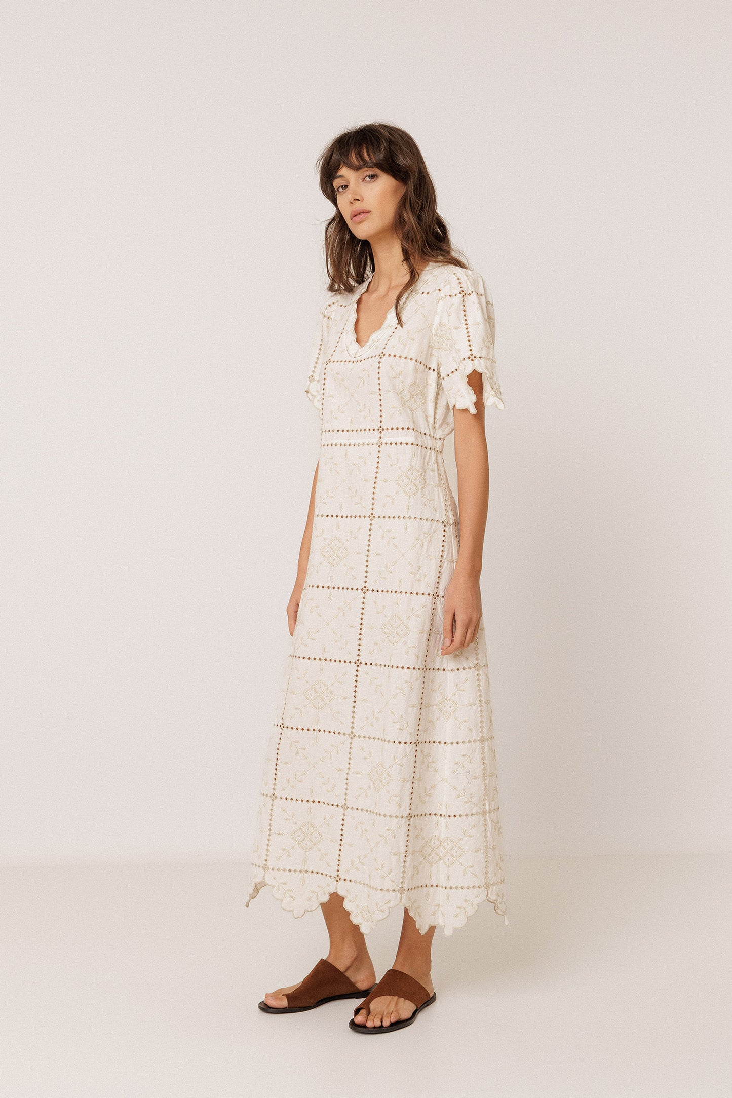 PERFORATED-EMBROIDERY MIDI DRESS