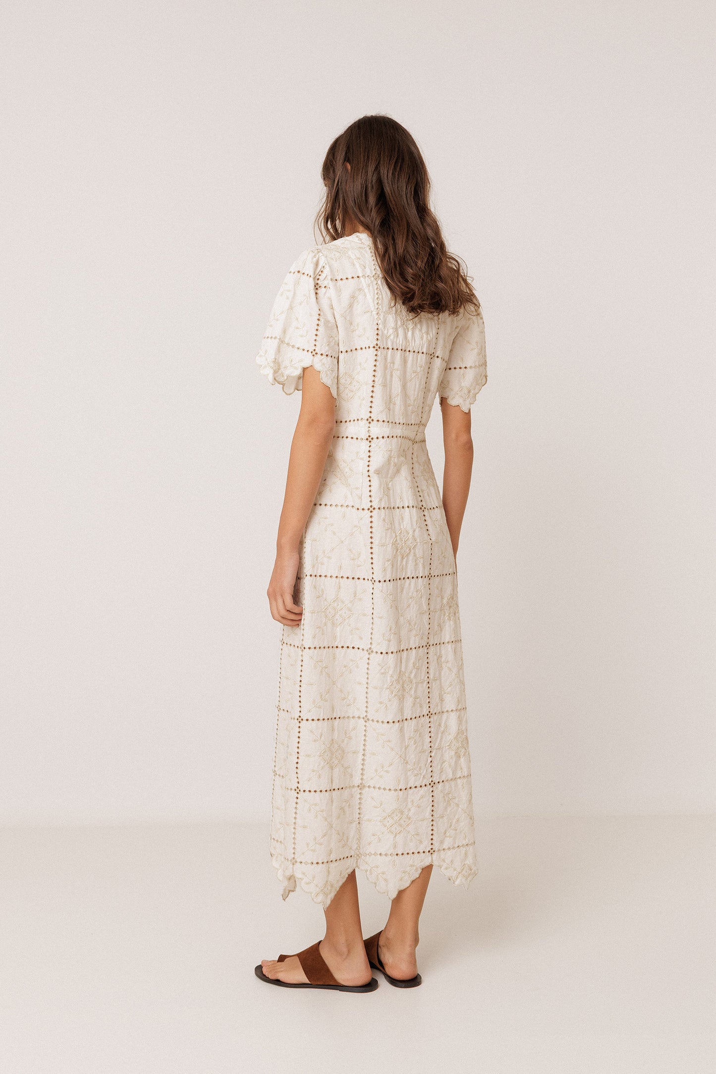 PERFORATED-EMBROIDERY MIDI DRESS