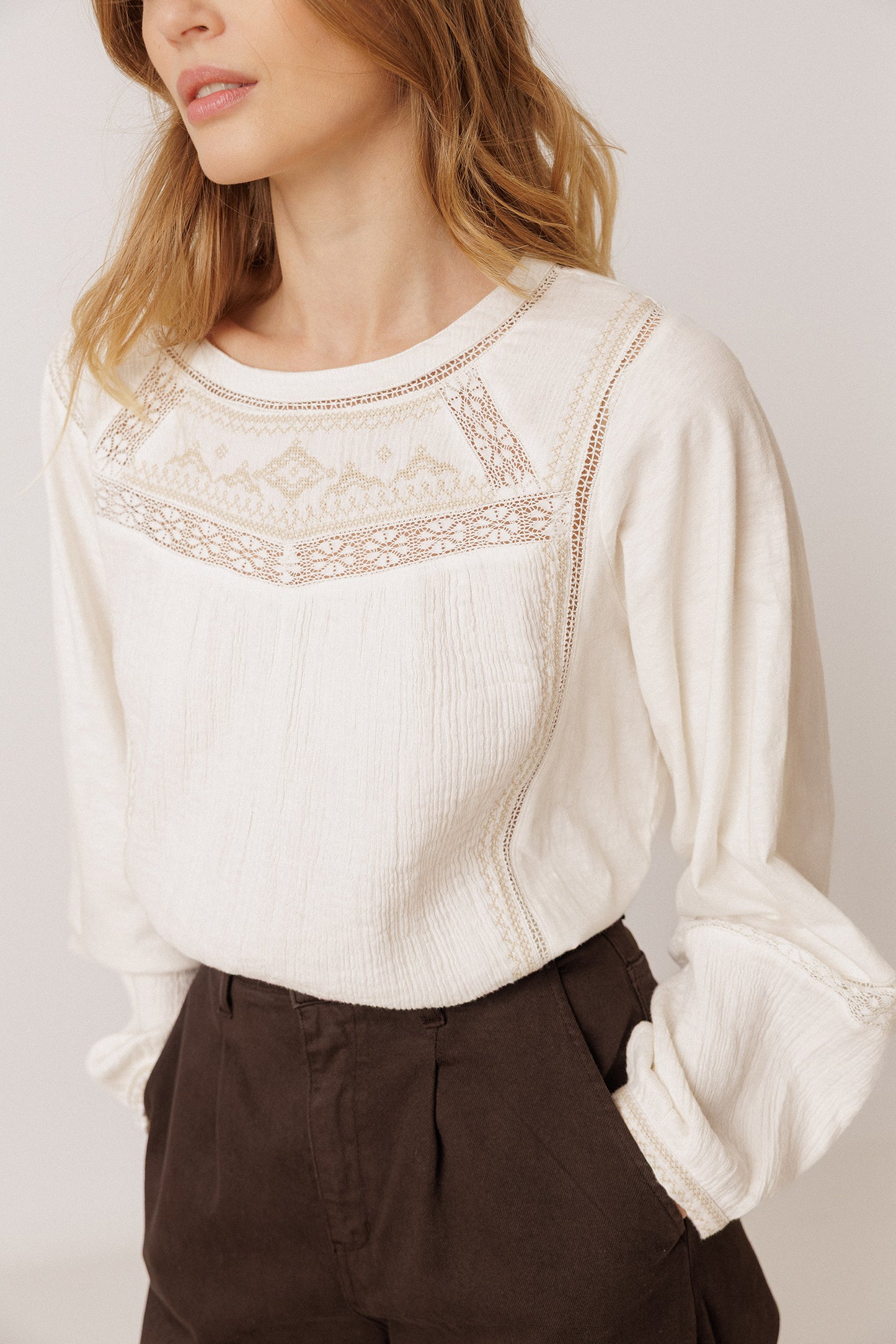 COMBINATION BLOUSE WITH CONTRAST EMBROIDERY
