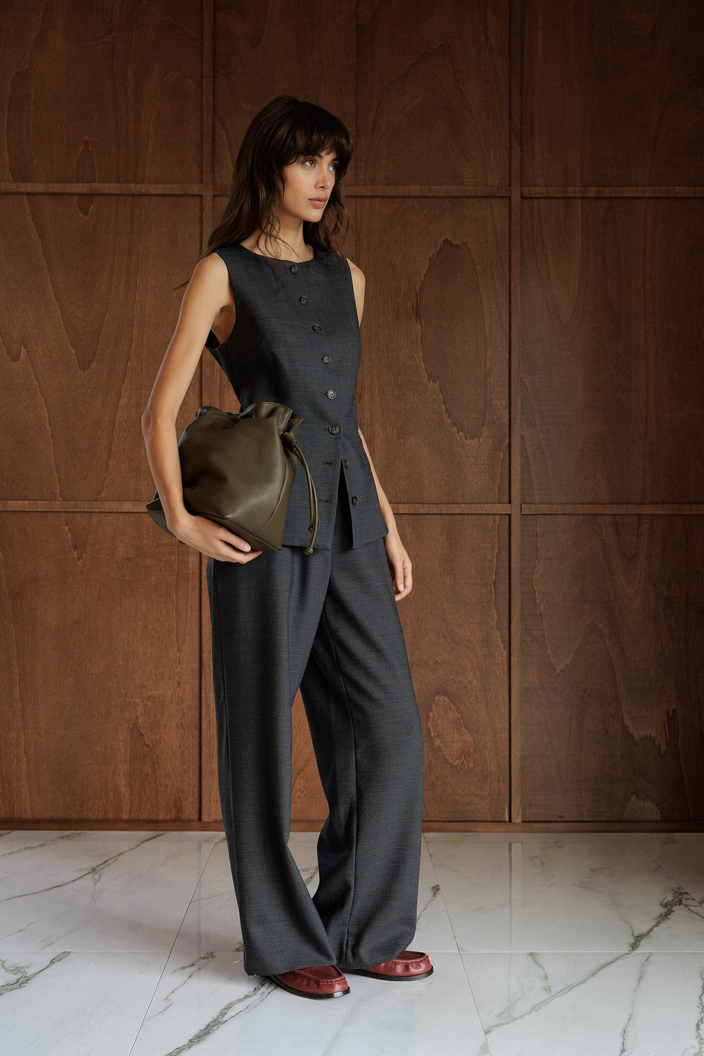 RUCHED-LEATHER SLING BAG