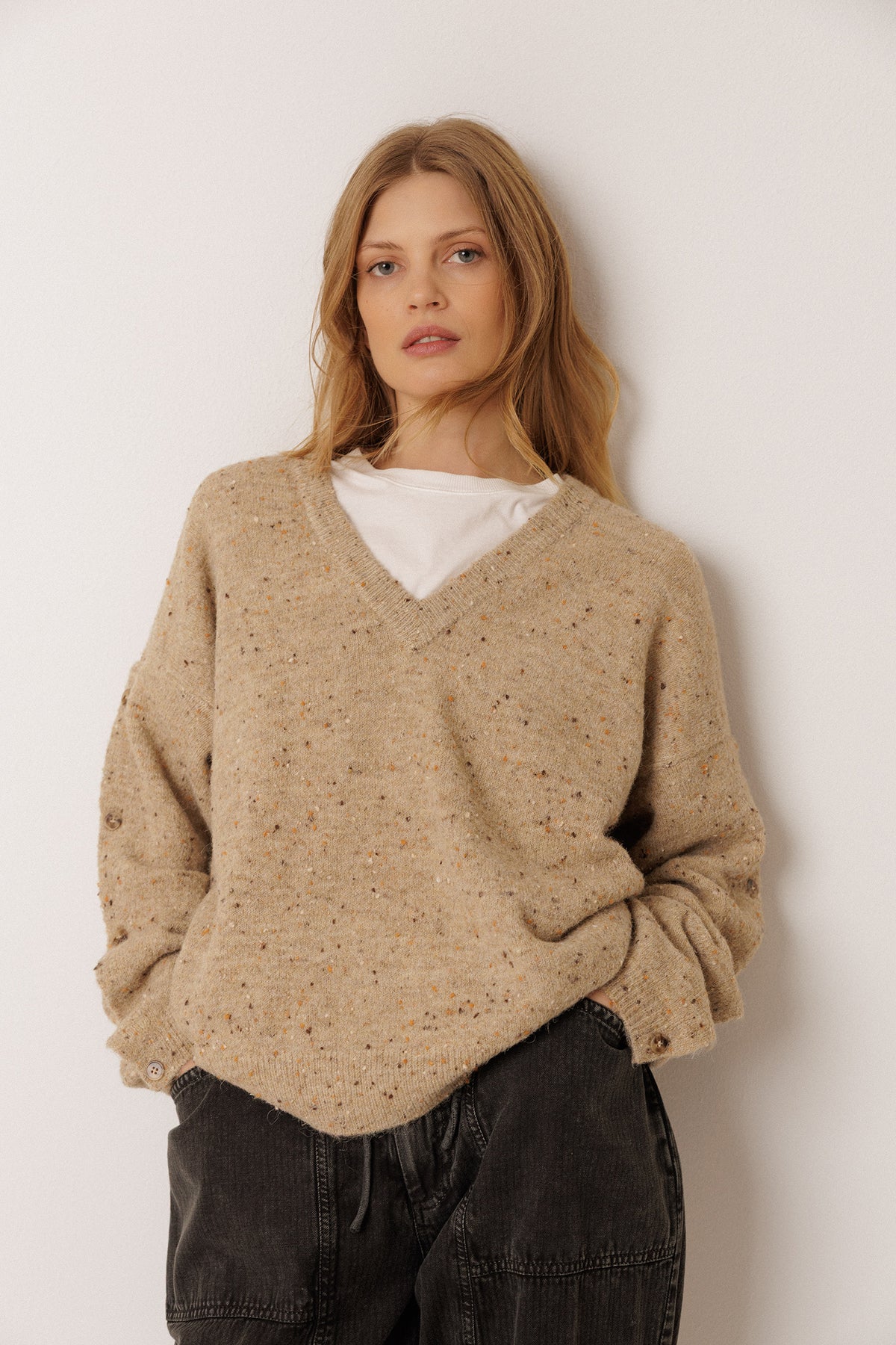 BUTTONED-SLEEVE NEPS SWEATER