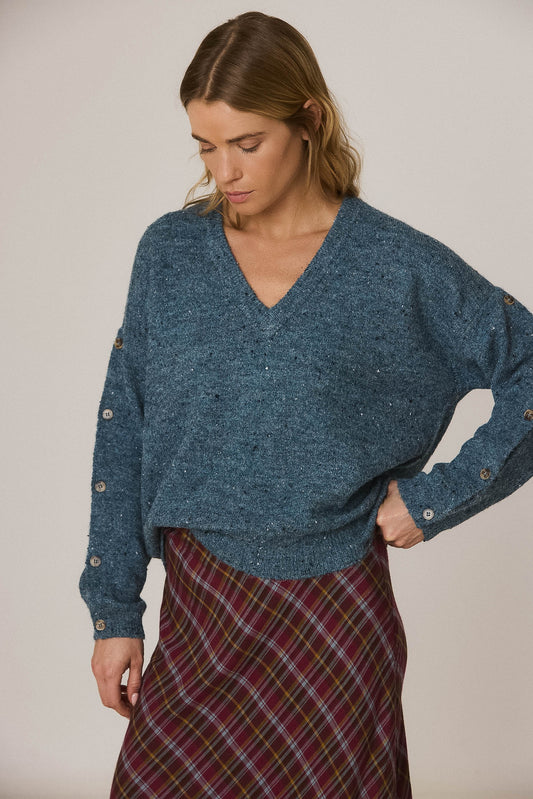 BUTTONED-SLEEVE NEPS SWEATER 2