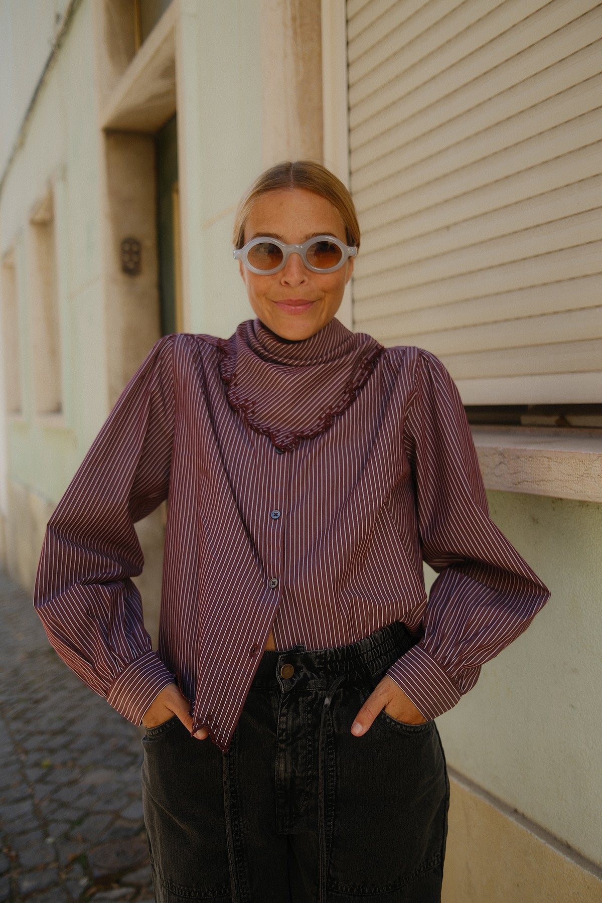 SCALLOPED HEM STRIPED SHIRT