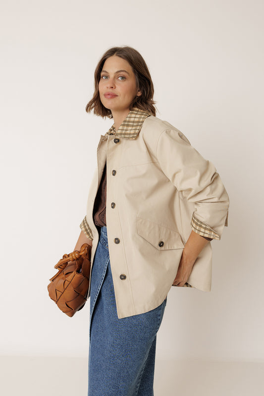 SHORT CHECKERED-COLLAR RAINCOAT 1