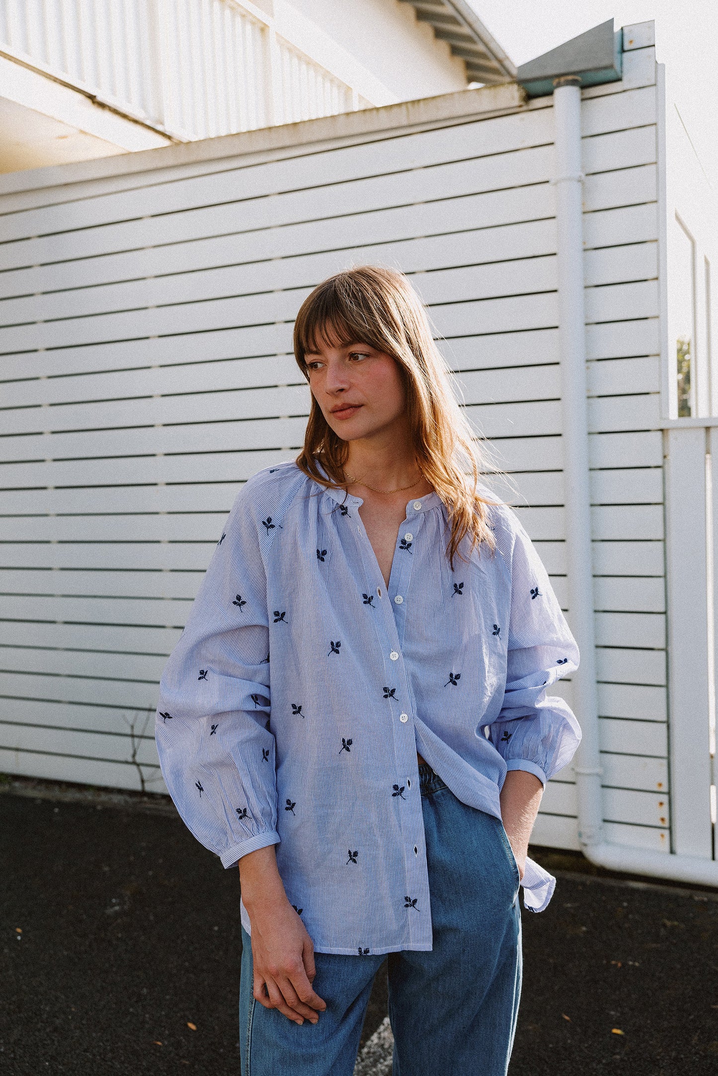 PINSTRIPED COTTON EMBROIDERED SHIRT