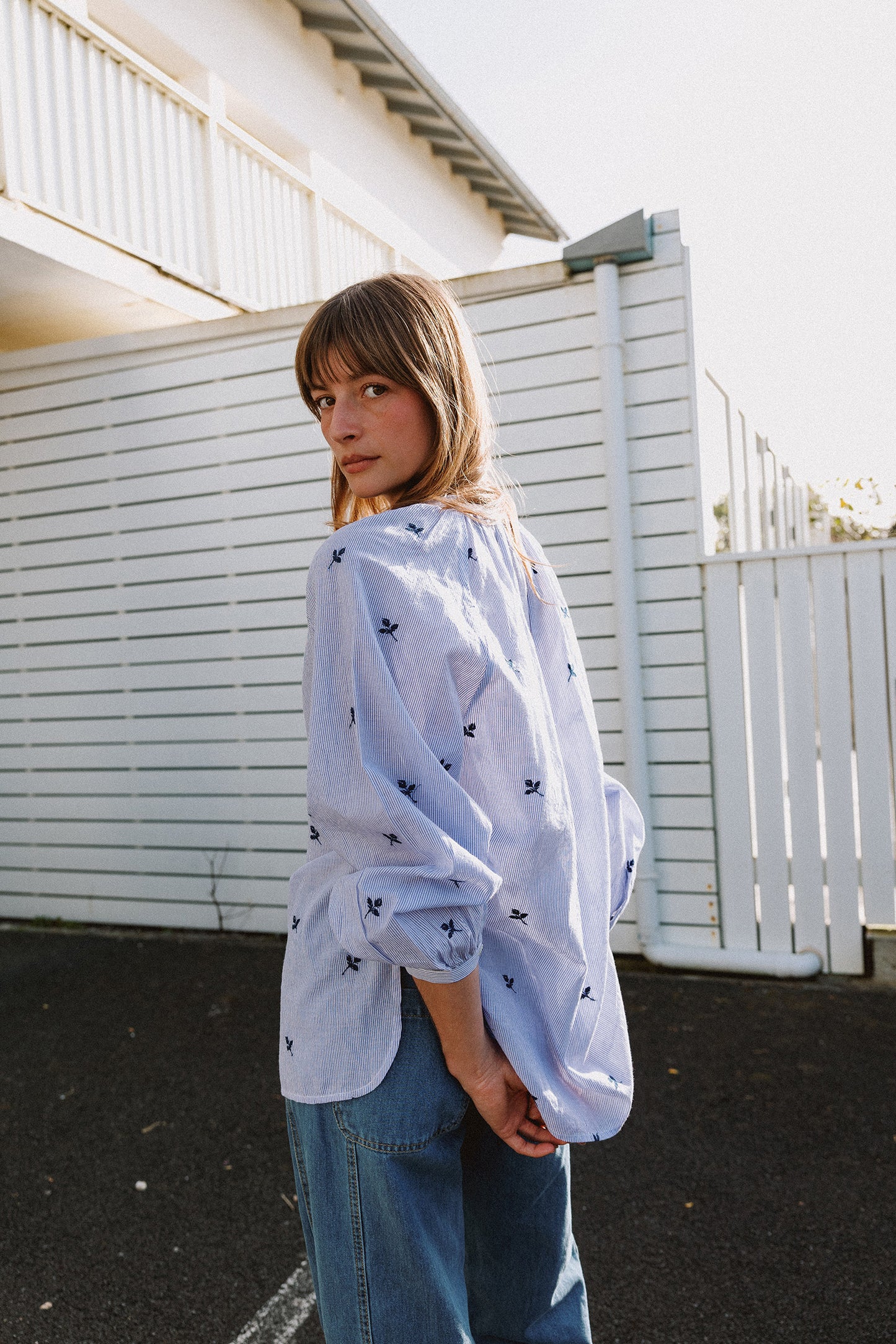PINSTRIPED COTTON EMBROIDERED SHIRT