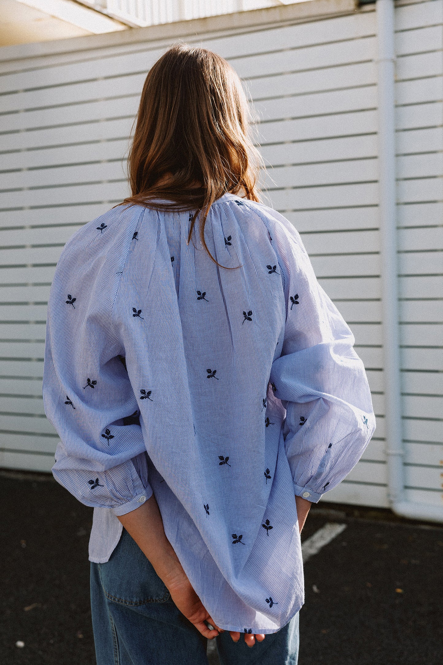 PINSTRIPED COTTON EMBROIDERED SHIRT