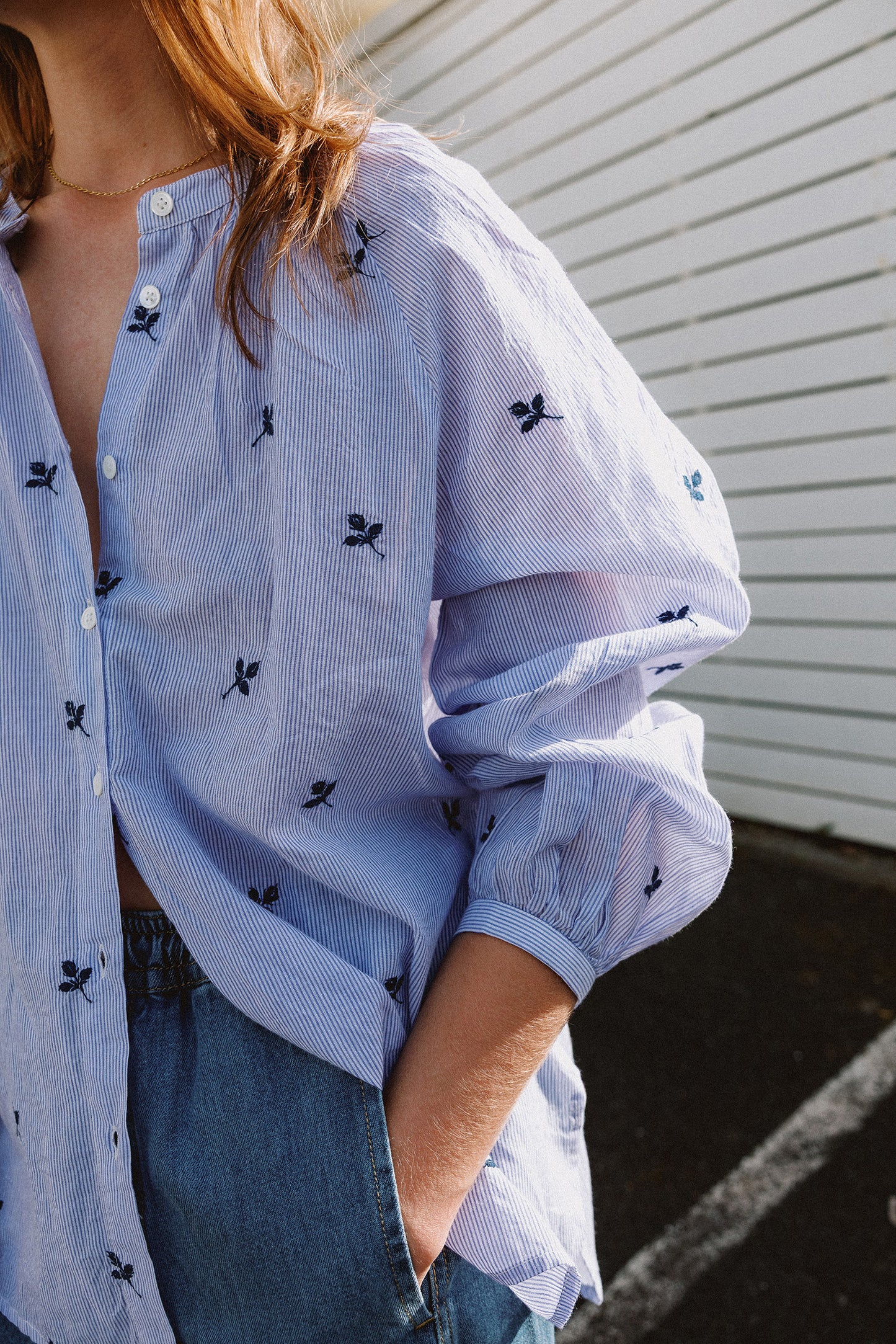 PINSTRIPED COTTON EMBROIDERED SHIRT